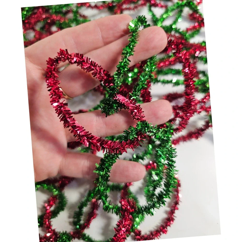 Vintage Red Green Tinsel Christmas Garland Chain Link Holiday Decor‎ 55 ft